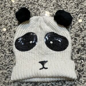 New American Eagle AE Panda Sequin Knit‎ Hat Beanie Winter Pom Pom Cream Animal